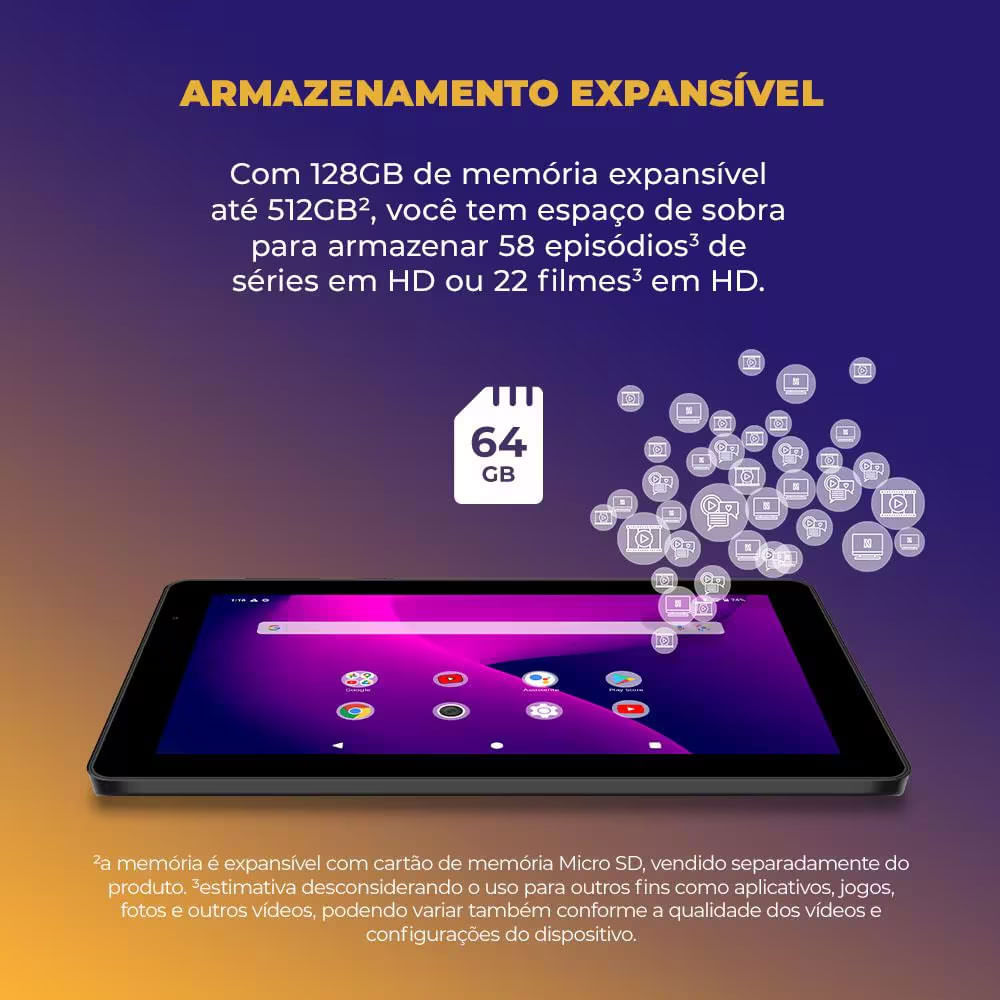 Tablet Positivo Vision Standart TAB 7 com Tela de 7, 64GB, 3GB RAM, Processador Octa Core e Android 14 Go Preto / Bivolt