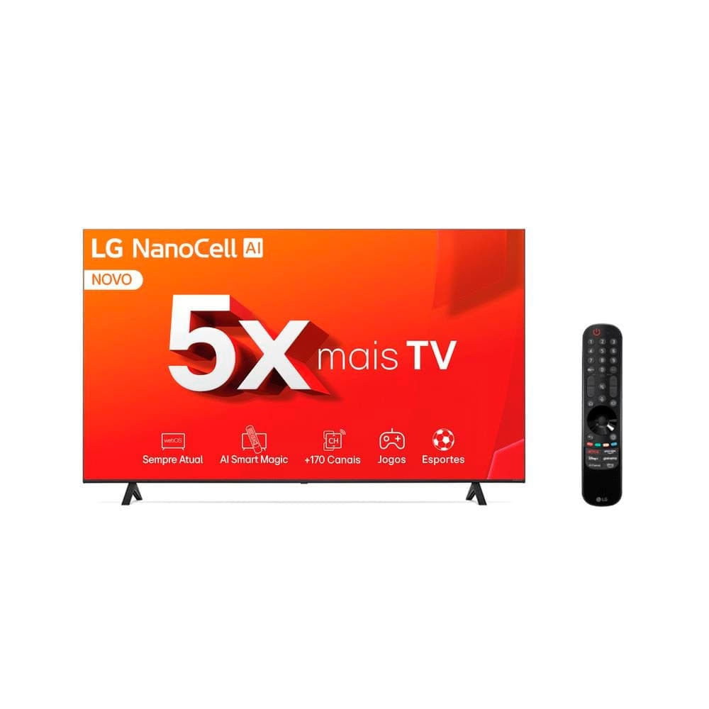 Smart TV 4K 75 LG NanoCell 75NANO80T com Processador a5 Ger7 AI, Hub de Esportes, Alexa/Chromecast integrado, webOS 24 e Controle Azul e Preto