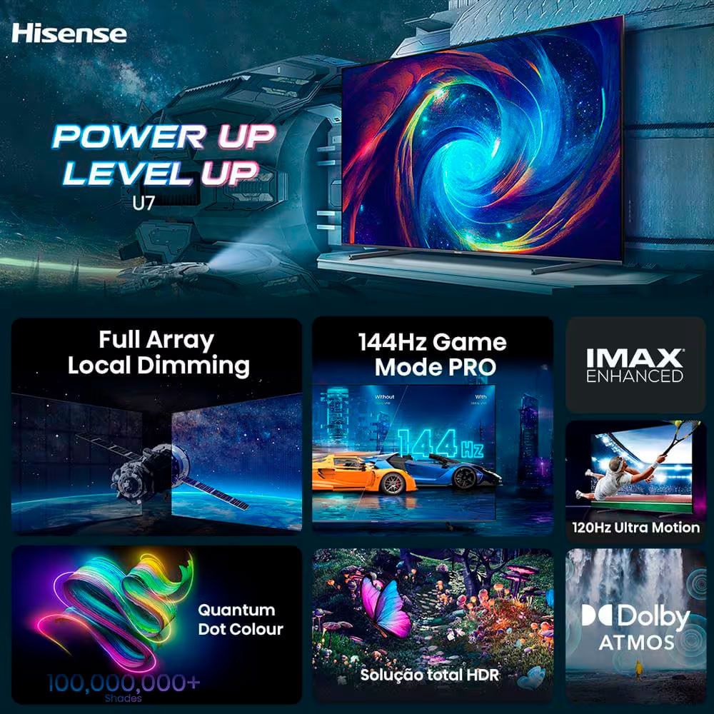 Smart TV 100 Polegadas Hisense Ultra HD 4K QLED Google TV com HDR10+ Dolby Atmos Modo Esporte Modo Jogo e Compatível com Alexa 144HZ 100U7N Preto / Bivolt