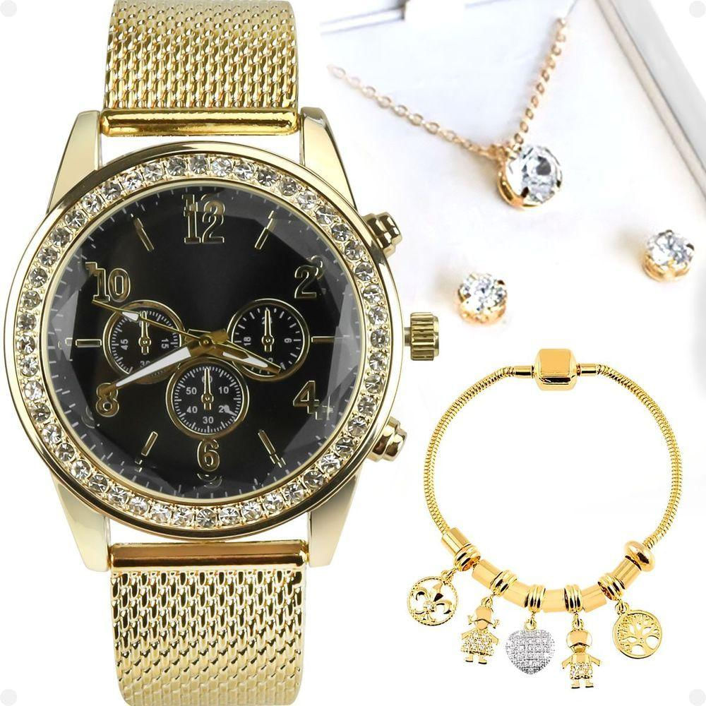 Relogio Feminino Strass Dourado Pulseira Pandora Colar