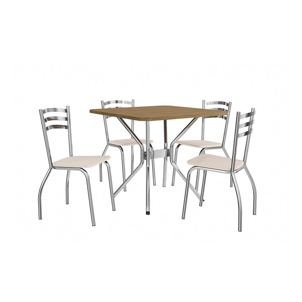 Conjunto de Mesa de Cozinha Quadrada com Tampo MDP e 4 Cadeiras Monique Corino Off White e Cromado