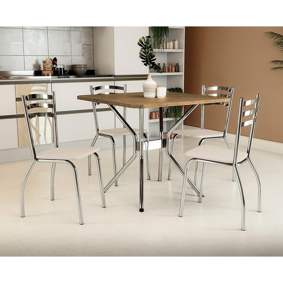 Conjunto de Mesa de Cozinha Quadrada com Tampo MDP e 4 Cadeiras Monique Corino Off White e Cromado