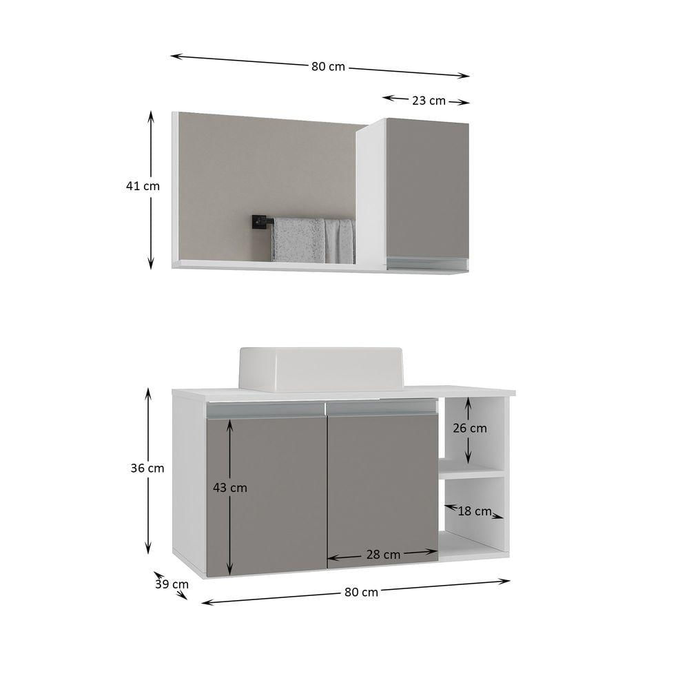 Conjunto Gabinete Banheiro Virtus 80cm Gabinete + Cuba + Espelheira Branco Cinza