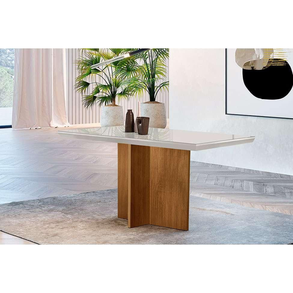 Mesa de Jantar Retangular com Tampo de Vidro Ane Imbuia e Off White