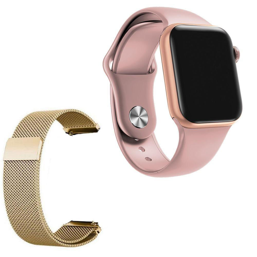 Relógio Smartwatch Iwo 7 Watch 5 Rosa Android Ios + 1 Pulseira Extra De Aço Dourado