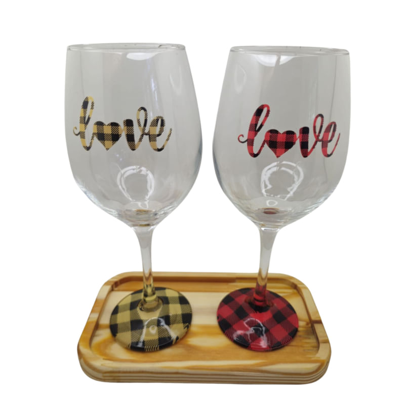 Kit 2 Taças Bandeja Frase Amor Namorados Personalizada Vinho