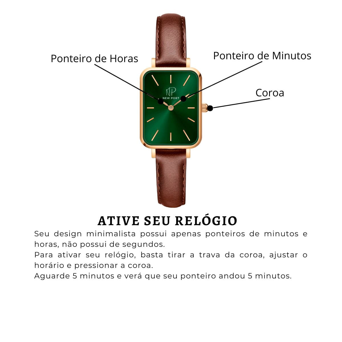 Relógio Feminino Quadrado Pulseira Marrom Piermont Gold Green