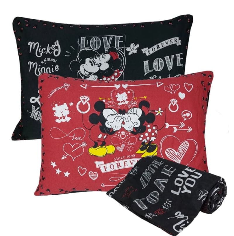 Jogo de Cama Portallar Casal Joy Malha Mista Estampado Disney 3 Peças Jadore Black Red Preto