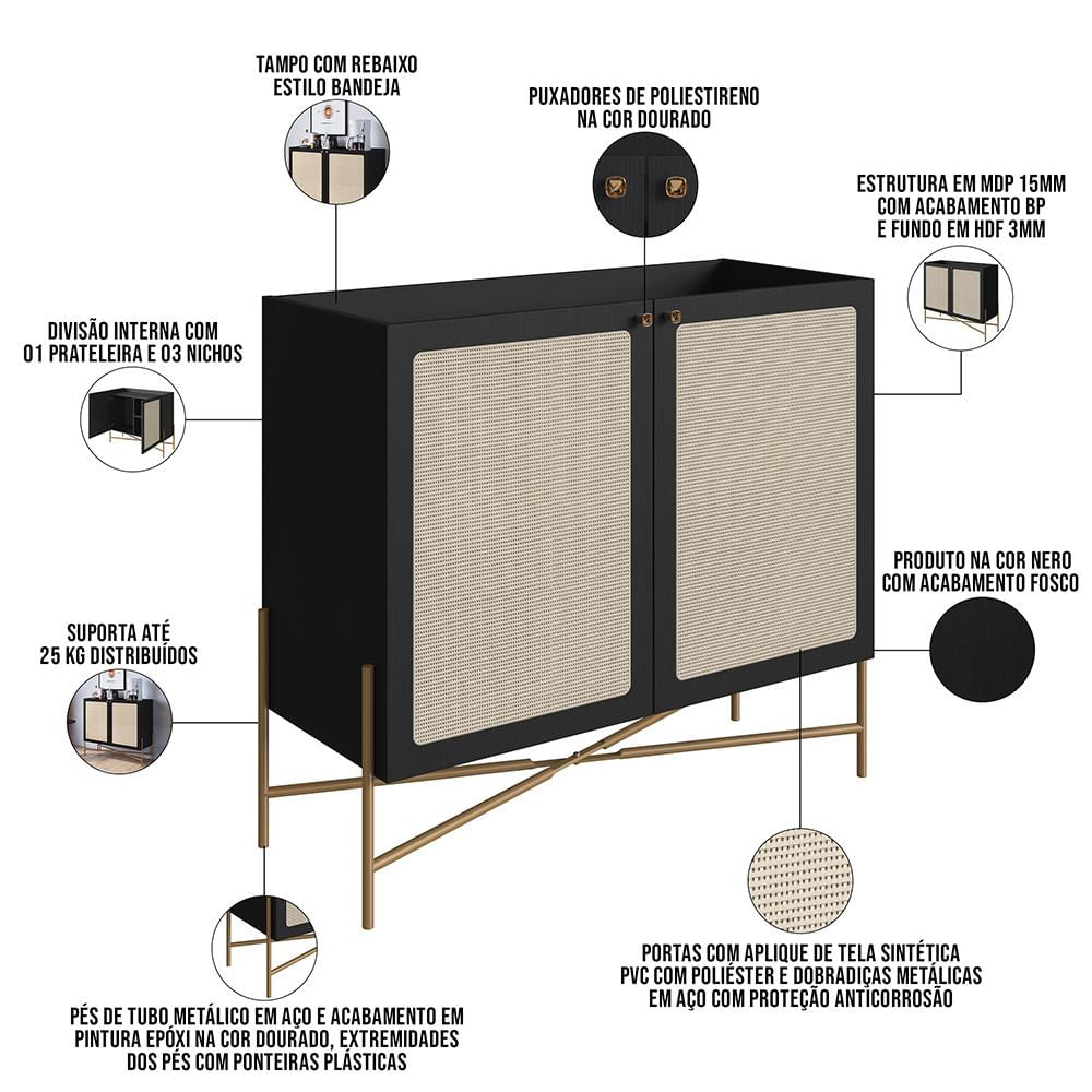 Balcão Aparador Cantinho do Café Industrial Indy A03 Nero Dourado - Lyam Decor