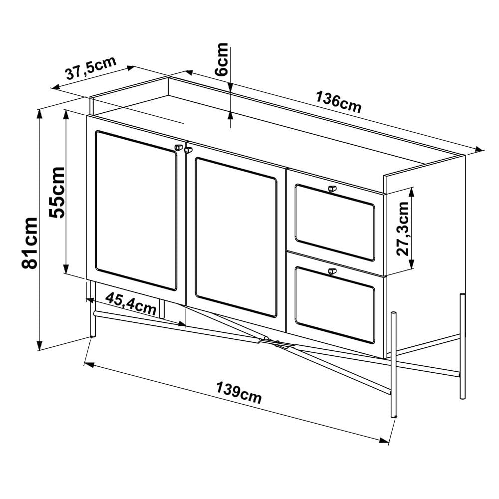 Aparador Buffet Para Sala de Jantar 139cm Industrial Indy A03 Nero Dourado - Lyam Decor