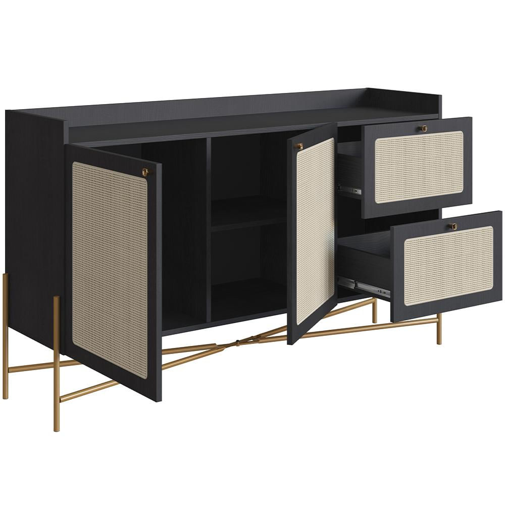 Aparador Buffet Para Sala de Jantar 139cm Industrial Indy A03 Nero Dourado - Lyam Decor