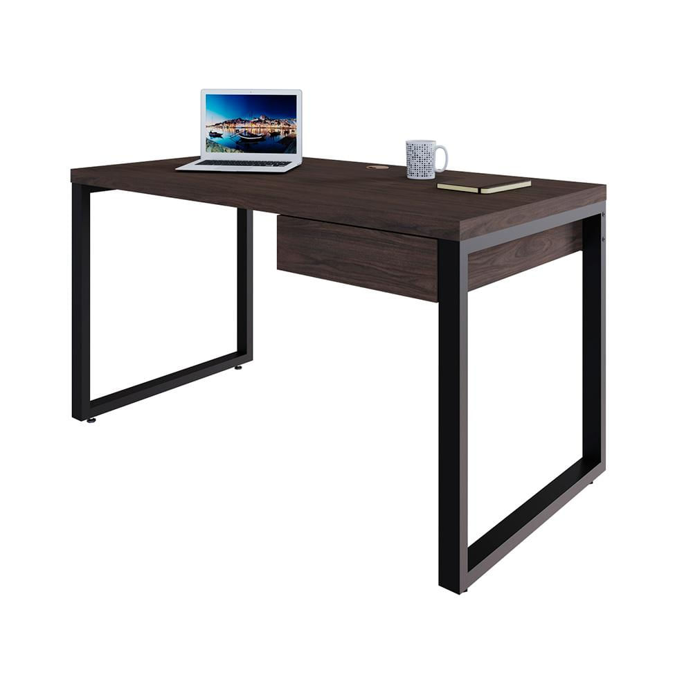 Mesa de Escritório Retangular Miguel 1 GV Marrom Escuro e Preta 135 cm