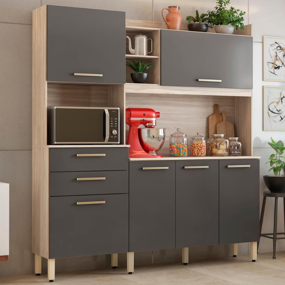 Armário Cozinha Compacta 6 Portas 2 Gavetas 1 Espaço Forno Select Avena - Grafito Avena - Grafito