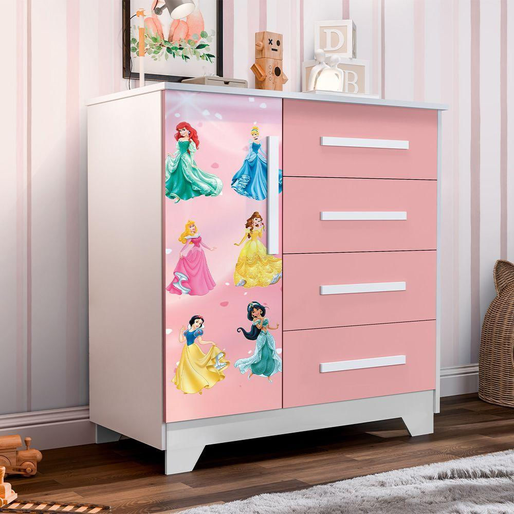 Cômoda Infantil Personagens 4 Gavetas 1 Porta MDF Rosa