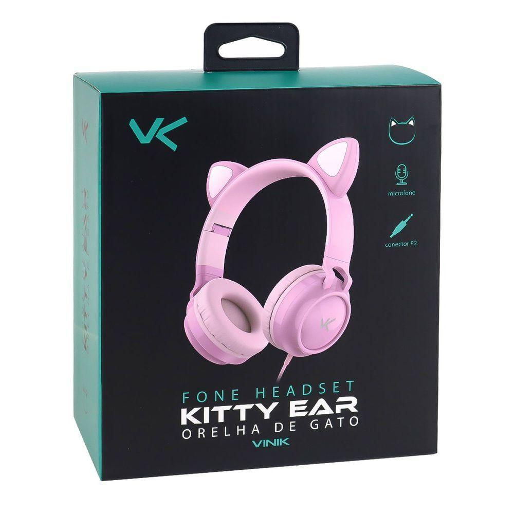 Fone De Ouvido Headset Kitty Ear - Orelha De Gato Preto Com Microfone Cabo 1.2m Plug P2 Estereo P3 - Ke100p