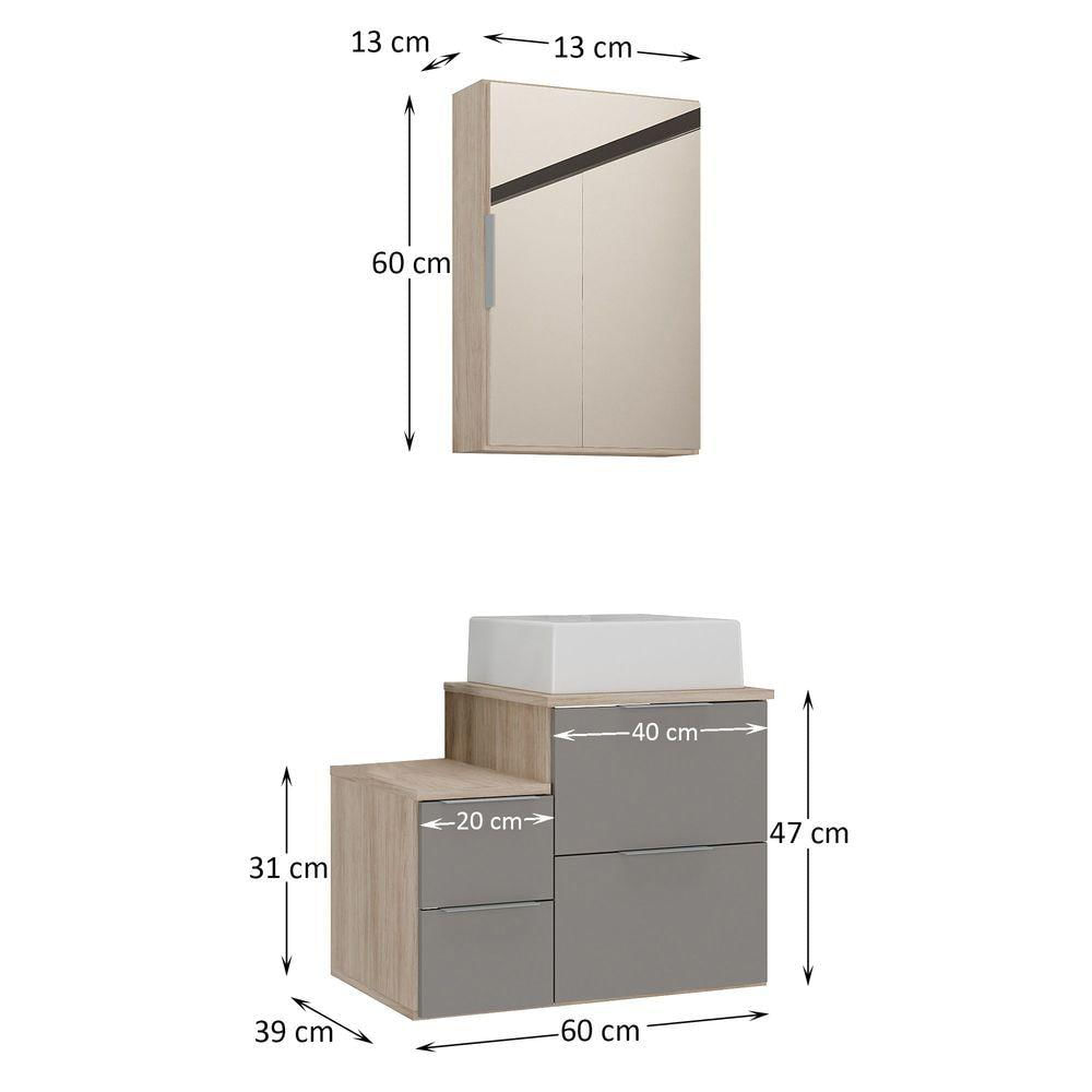 Conjunto Gabinete Banheiro Nivus 60 (gabinete+espelheira+cuba) Madeirado Cinza