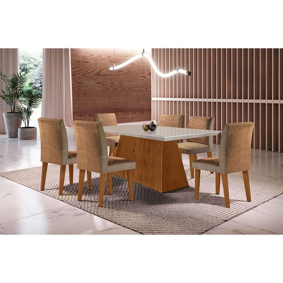 Conjunto de Mesa de Jantar Retangular com Tampo de Vidro Off White Luna e 6 Cadeiras Grécia Suede Animalle Chocolate e Imbuia