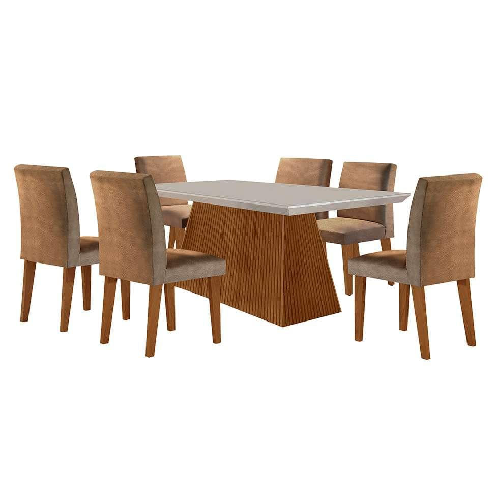 Conjunto de Mesa de Jantar Retangular com Tampo de Vidro Off White Luna e 6 Cadeiras Grécia Suede Animalle Chocolate e Imbuia