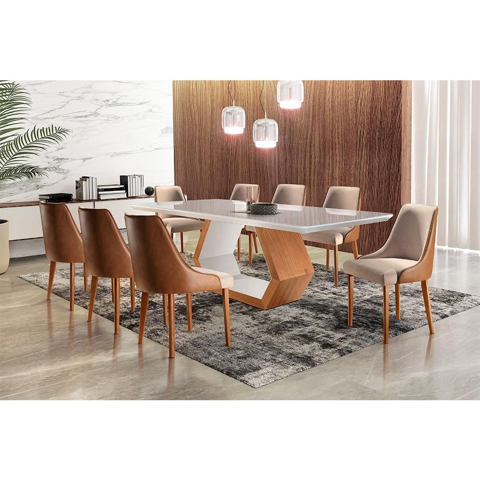 Conjunto de Mesa de Jantar Ane Off White e  8 Cadeiras Estofadas Esmeralda II Linho Caramelo e Bege