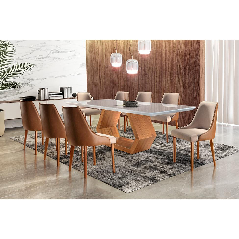 Conjunto de Mesa de Jantar Ane Off White e 8 Cadeiras Estofadas Esmeralda IV Linho Caramelo e Bege