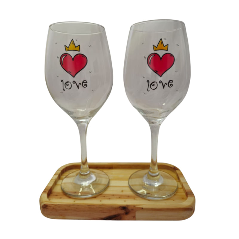 Kit 2 Taças Bandeja Coração Amor Personalizada Vinho