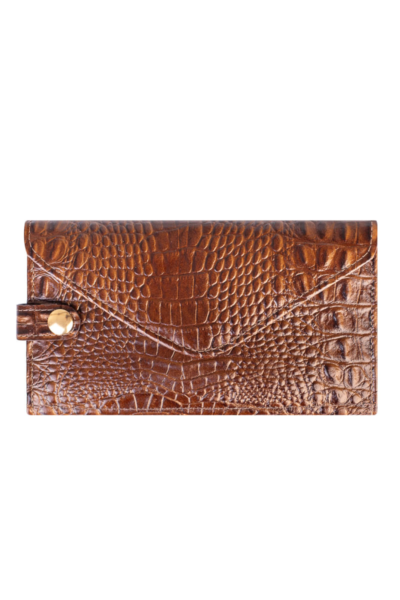 Carteira feminina de couro croco Clara 10,5x19cm Whisky