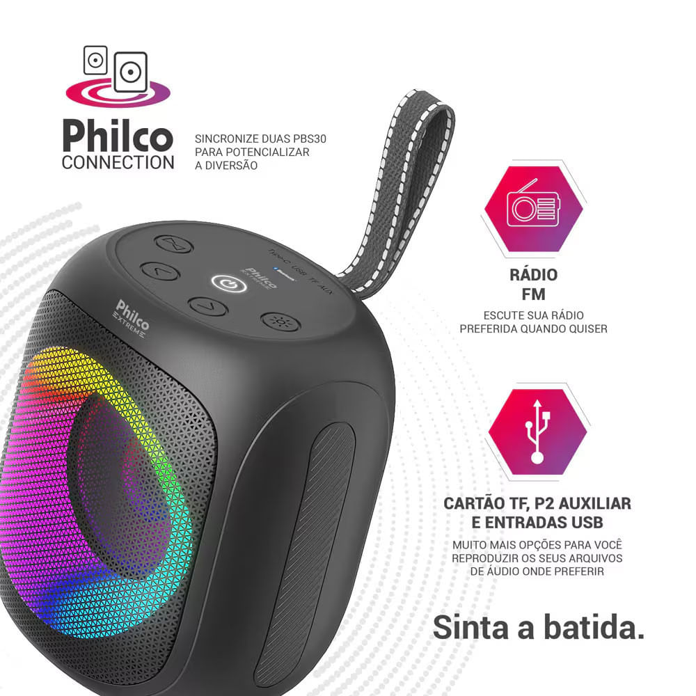 Caixa de Som Speaker Philco PBS30 com Bluetooth, Radio FM, Resistência à água IPX5, 1.800 mAh e Iluminação LED - 30W Preto / Bivolt