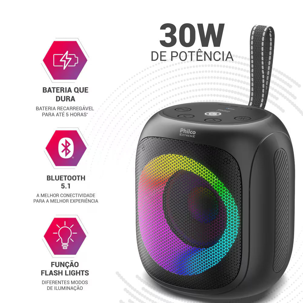 Caixa de Som Speaker Philco PBS30 com Bluetooth, Radio FM, Resistência à água IPX5, 1.800 mAh e Iluminação LED - 30W Preto / Bivolt