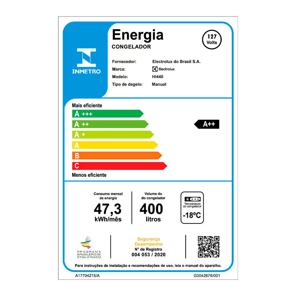 Freezer Horizontal Electrolux HI440 com Tecnologia Inverter Pés com Rodízio Gás Refrigerante R600a e Degelo Manual 400 Litros Branco / 220V