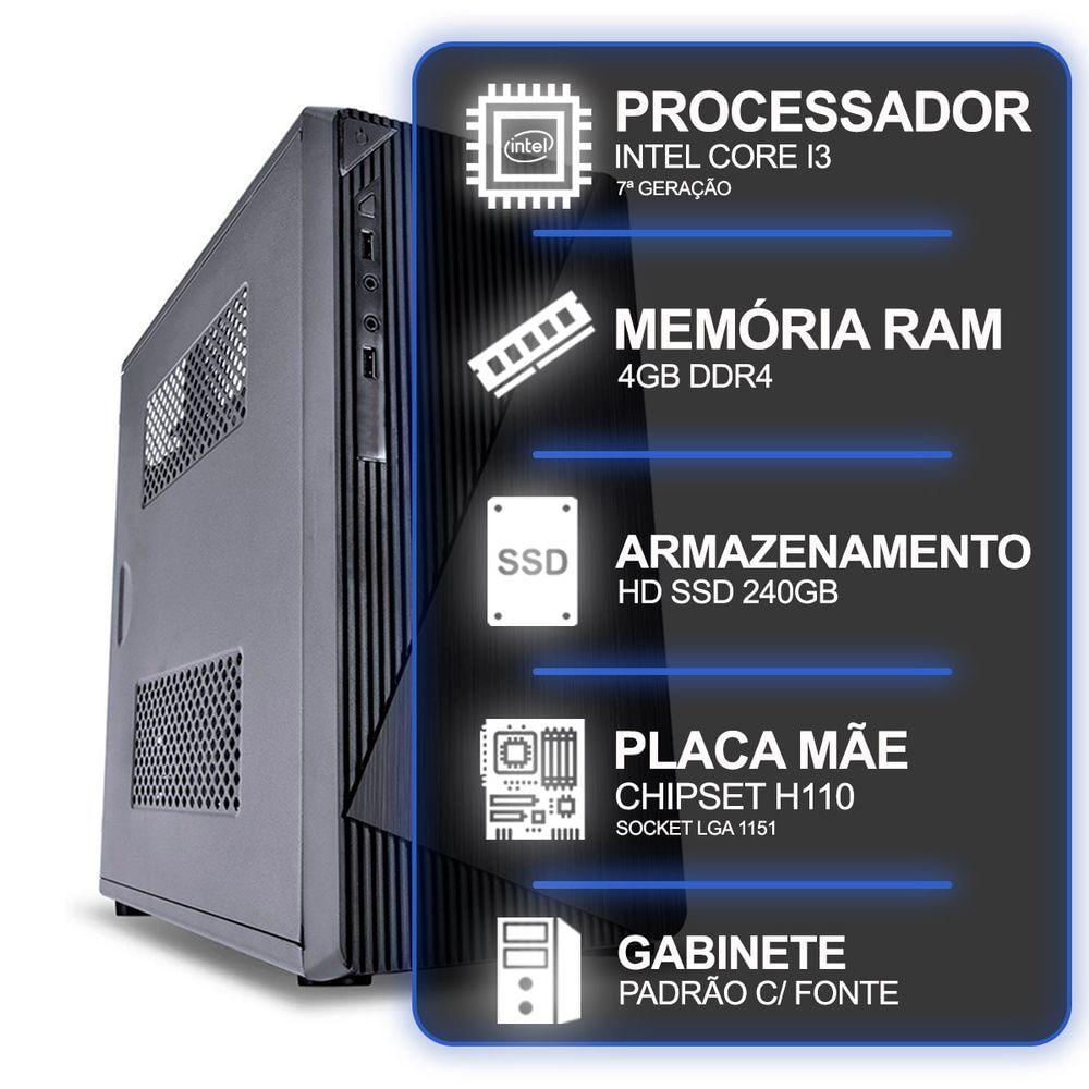 Computador Desktop, Intel Core I3 7º Geração, 4gb Ram, Hd Ssd 240gb, Conexões Usb/vga/hdmi/lan/som