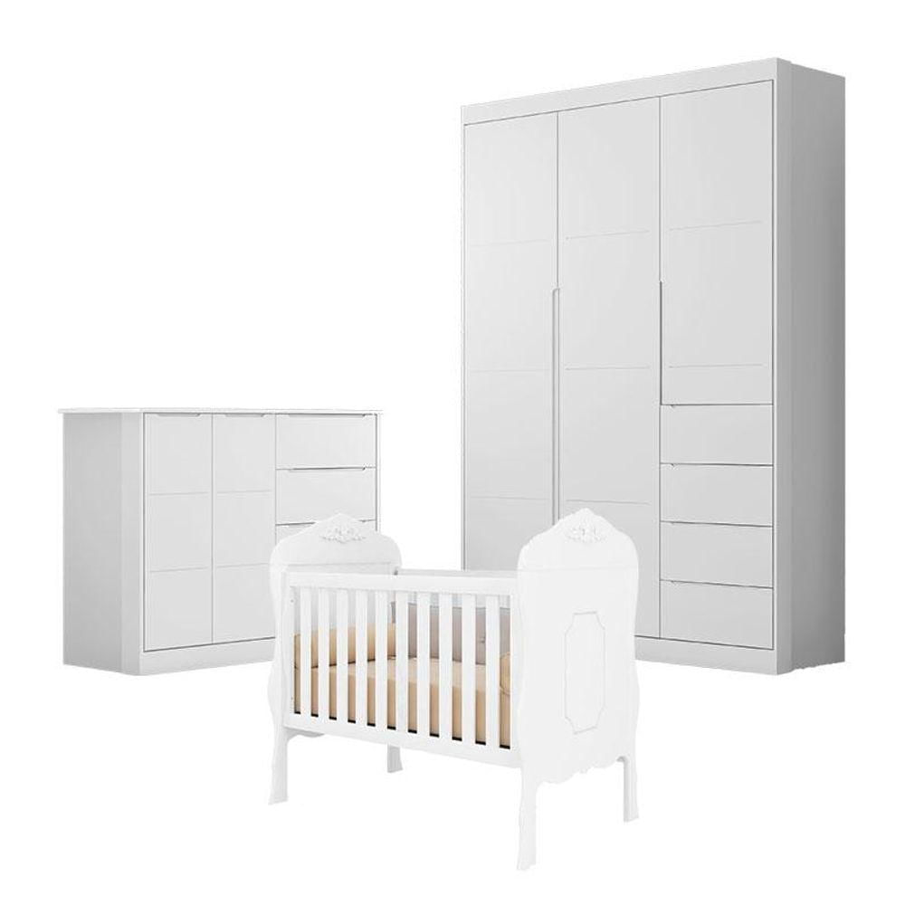 Quarto De Bebê Eloá Com Berço Americano Realeza Branco Acetinado - Phoenix Baby