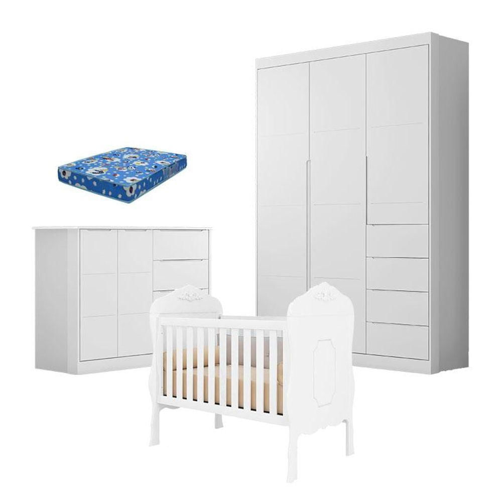 Quarto De Bebê Eloá Com Berço Americano Realeza Branco Acetinado Com Colchão Ortobom - Phoenix Baby