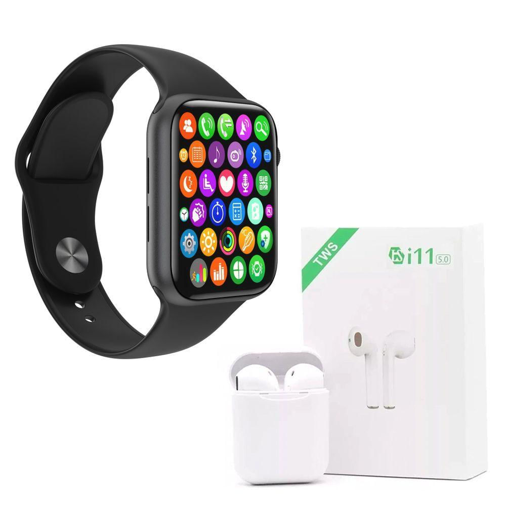 Kit 1 Smartwatch Preto + Fone Bluetooth I11 Tws Branco