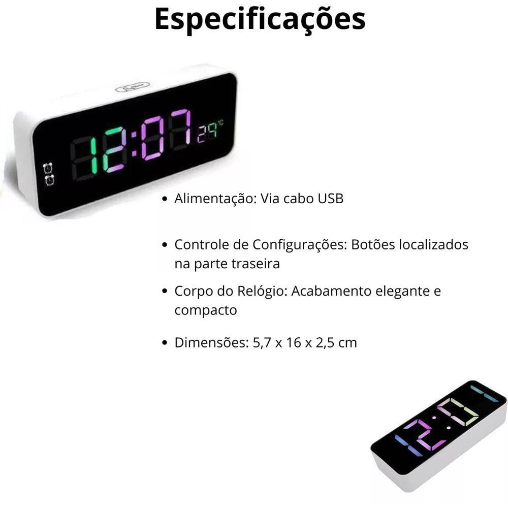 Relógio Led Clock Digital 5,7x16x2,5cm Para Mesa De Plástico Com Usb Alarme Com Brilho Alto Ou Baixo