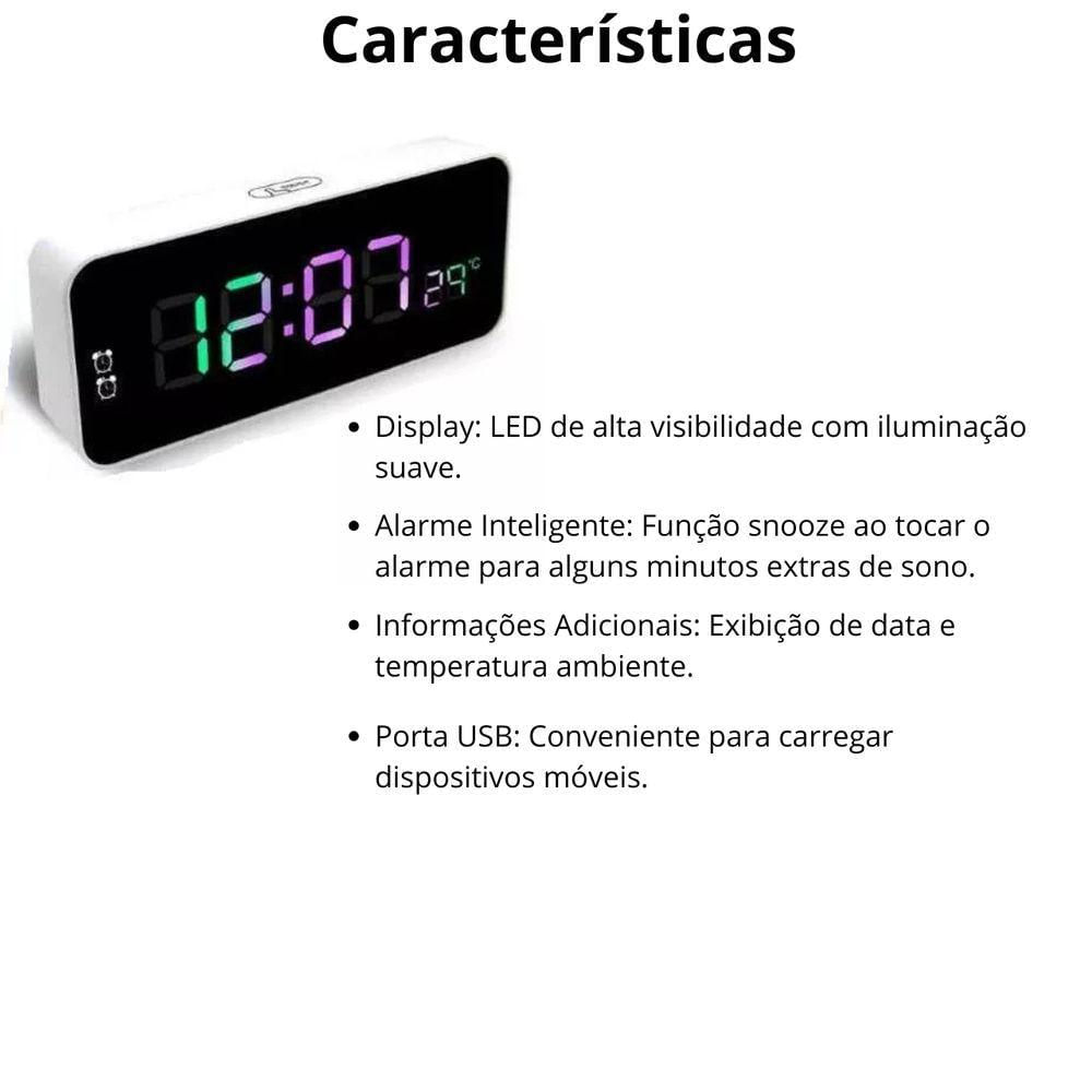 Relógio Led Clock Digital 5,7x16x2,5cm Para Mesa De Plástico Com Usb Alarme Com Brilho Alto Ou Baixo