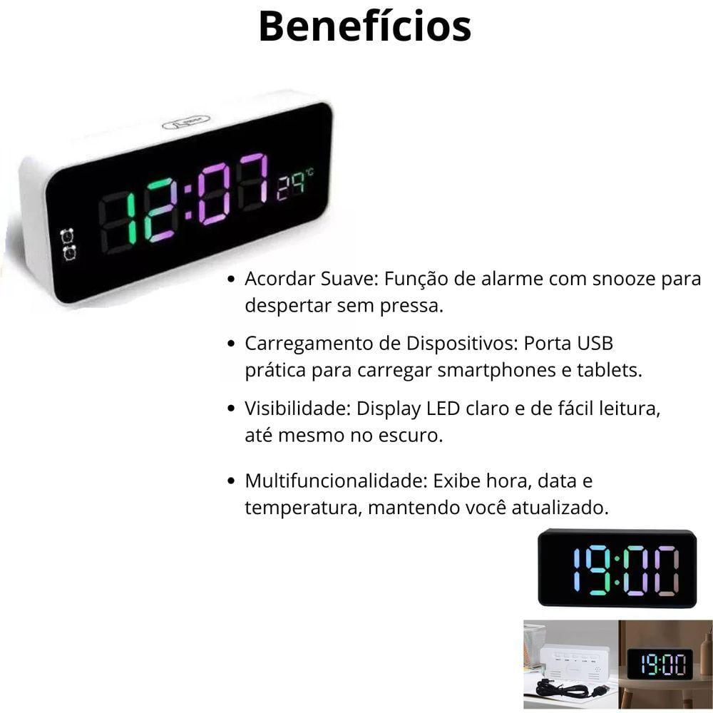 Relógio Led Clock Digital 5,7x16x2,5cm Para Mesa De Plástico Com Usb Alarme Com Brilho Alto Ou Baixo