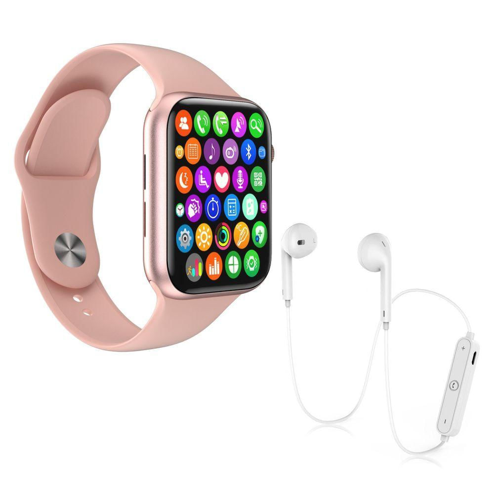 Kit 1 Smartwatch W34 S + 1 Fone Bluetooth S6 Cor:Rosa+Branco