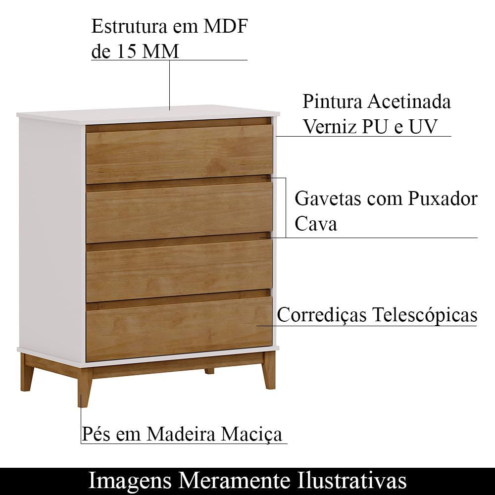 Cômoda Decorativa Every Madeira 4 Gavetas OffWhite/Freijó G74 - Gran Belo