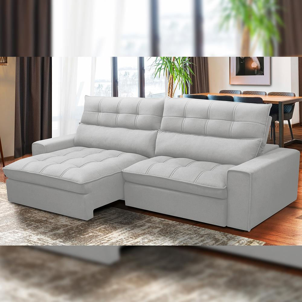 Sofá Retrátil Reclinável Para Sala de Estar Living 290cm Dimas F04 Bouclê Cinza - Lyam Decor