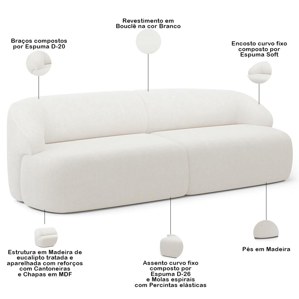 Sofá 4 Lugares Curvo Orgânico com 02 Poltronas Para Sala Living 280cm Barolo L06 Bouclê Branco - Lyam Decor