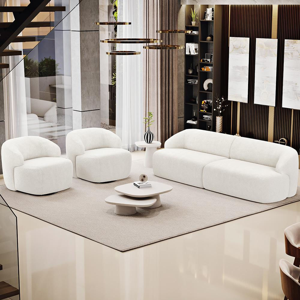 Sofá 4 Lugares Curvo Orgânico com 02 Poltronas Para Sala Living 280cm Barolo L06 Bouclê Branco - Lyam Decor