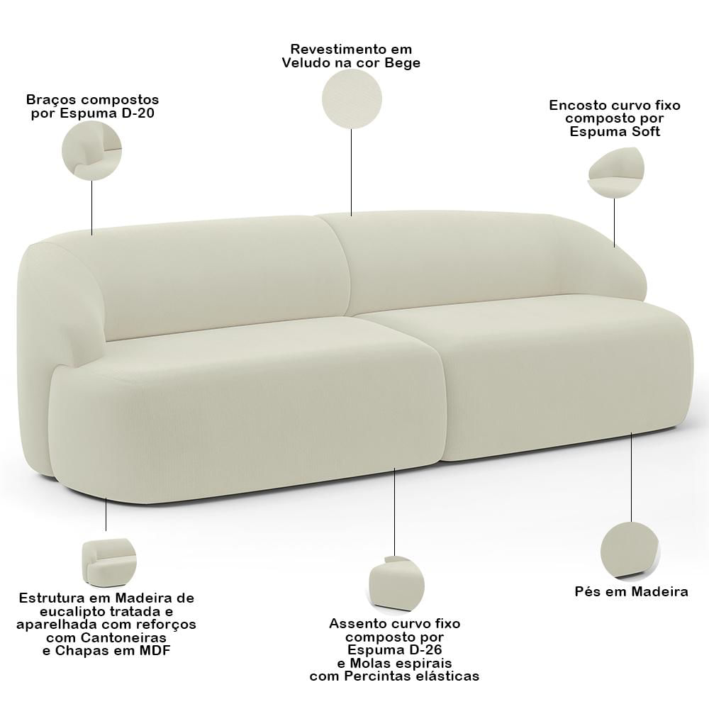 Sofá 3 Lugares Curvo Orgânico com 02 Poltronas Para Sala Living 220cm Barolo L06 Veludo Bege - Lyam Decor