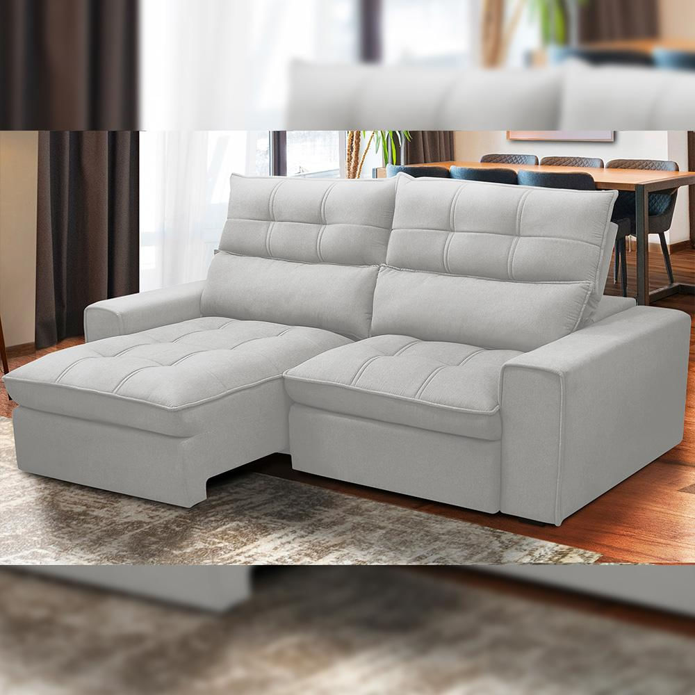 Sofá Retrátil Reclinável Para Sala de Estar Living 230cm Dimas F04 Bouclê Cinza - Lyam Decor