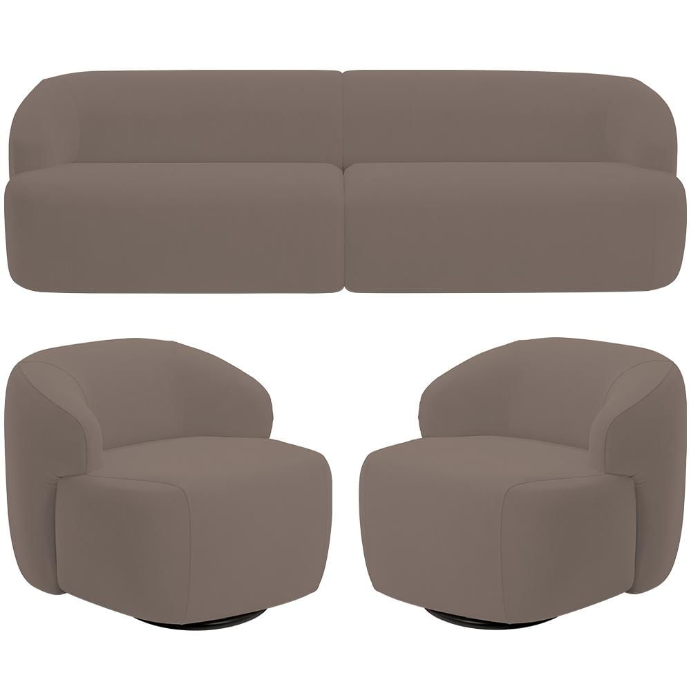 Sofá 3 Lugares Curvo Orgânico com 02 Poltronas Para Sala Living 250cm Barolo L06 Veludo Marrom - Lyam Decor