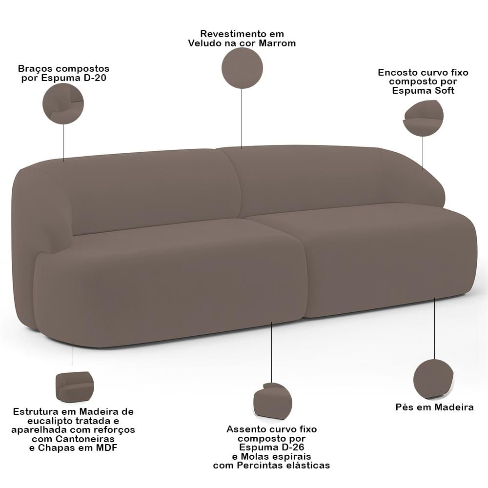 Sofá 3 Lugares Curvo Orgânico com 02 Poltronas Para Sala Living 250cm Barolo L06 Veludo Marrom - Lyam Decor