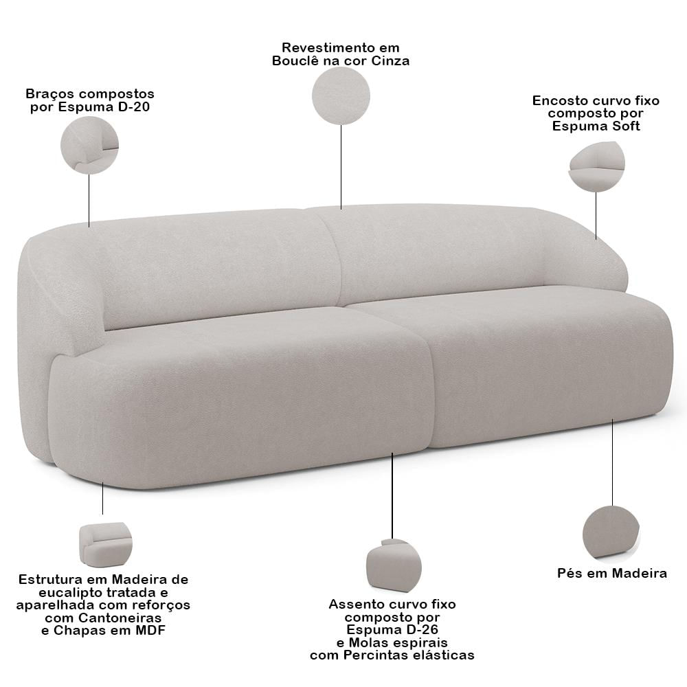 Sofá 3 Lugares Curvo Orgânico com 02 Poltronas Para Sala Living 220cm Barolo L06 Bouclê Cinza - Lyam Decor