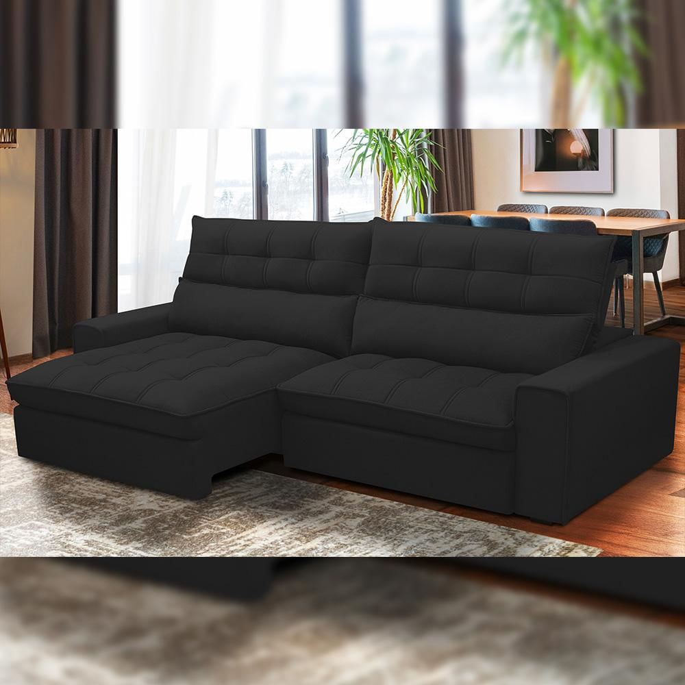 Sofá Retrátil Reclinável Para Sala de Estar Living 290cm Dimas F04 Veludo Preto - Lyam Decor