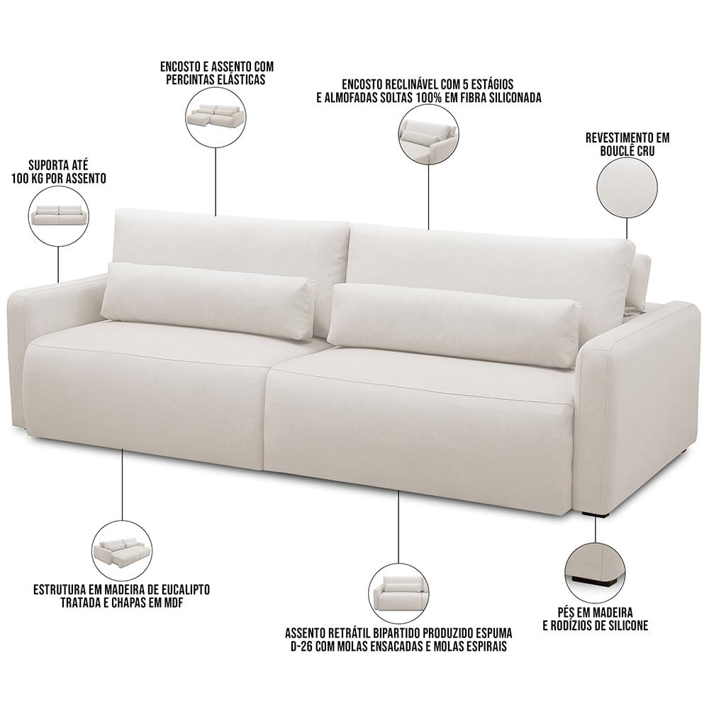 Sofá Retrátil Reclinável Para Sala de Estar Living 240cm Sevilha F04 Bouclê Cru - Lyam Decor