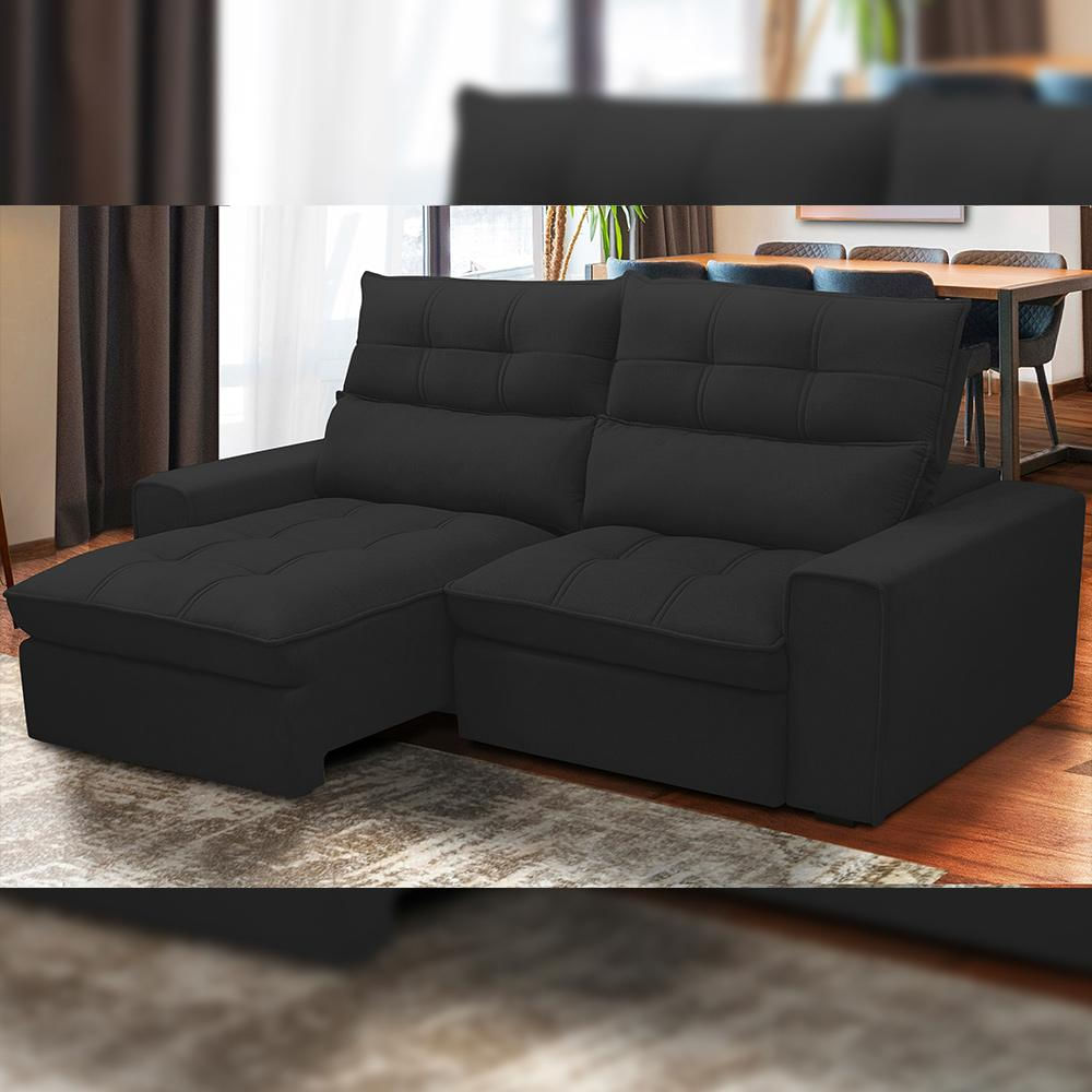 Sofá Retrátil Reclinável Para Sala de Estar Living 210cm Dimas F04 Veludo Preto - Lyam Decor