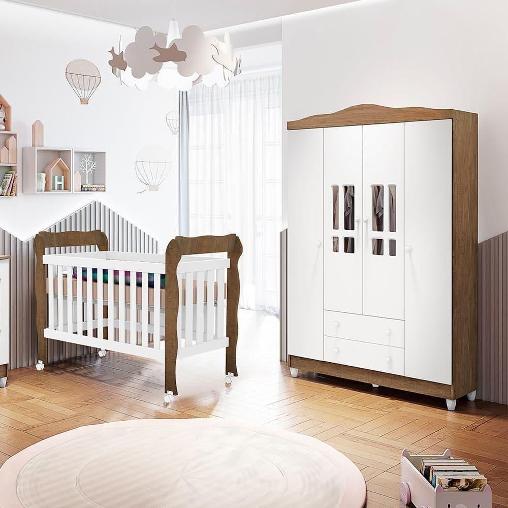 Quarto De Bebê Ariel Berço 3 Em 1 Lila Guarda Roupa 4 Portas Infantil Branco Com Amadeirado Carolina Baby